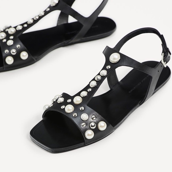 Zara Basic Pearl & Stud Leather T-strap Sandals